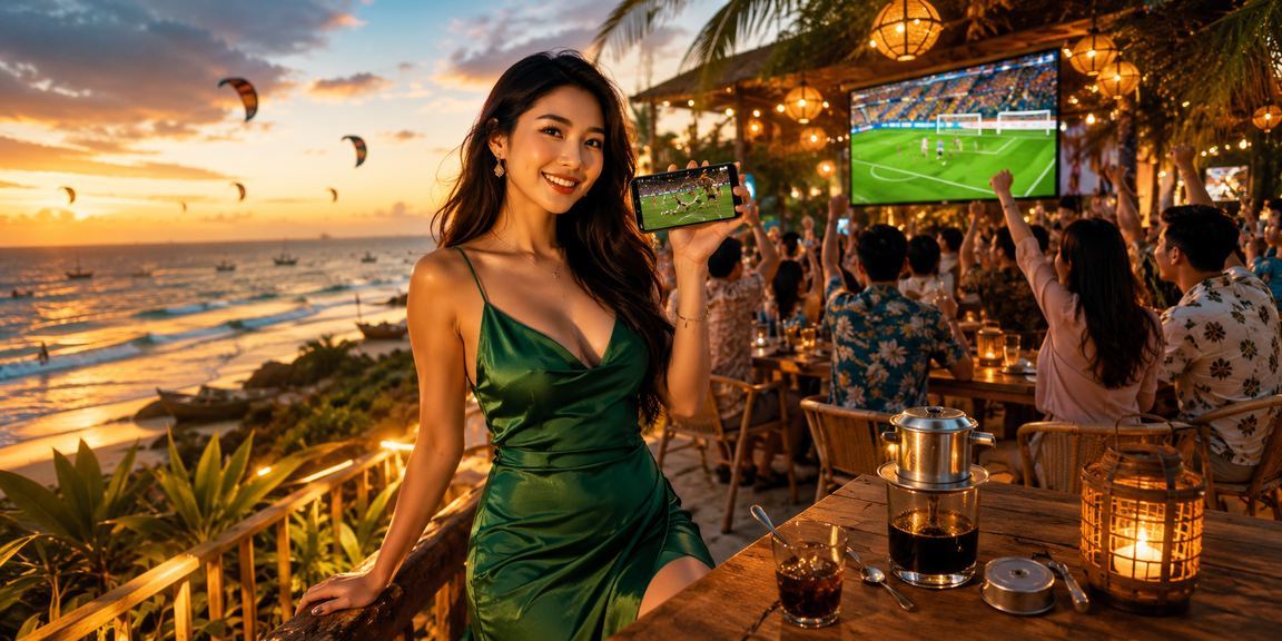 Cổ động viên bóng đá xem trận và đặt cược online tại bãi biển Mũi Né